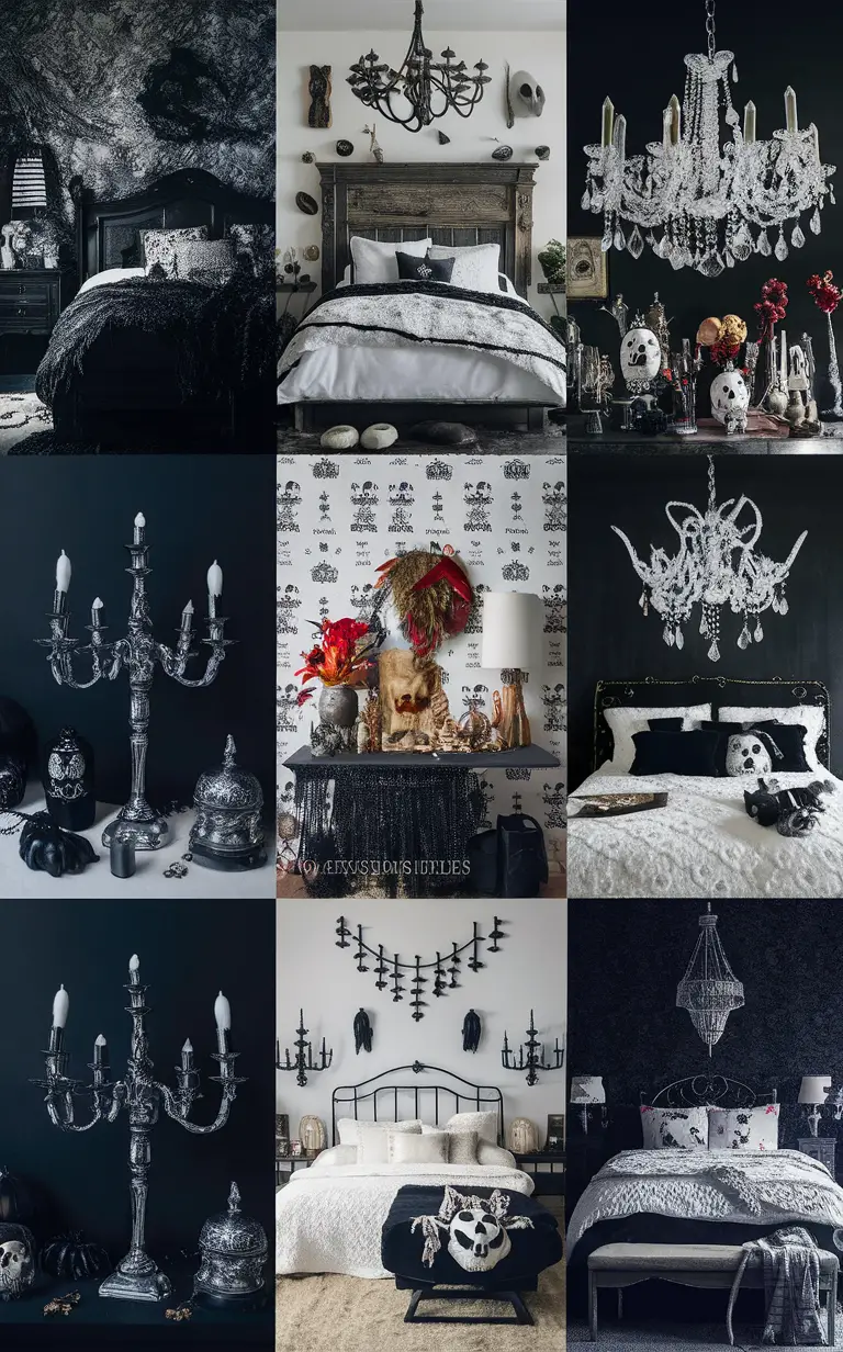 Halloween bedroom decor, Black and white Halloween decor, Halloween room ideas, Spooky bedroom ideas, Monochrome Halloween theme