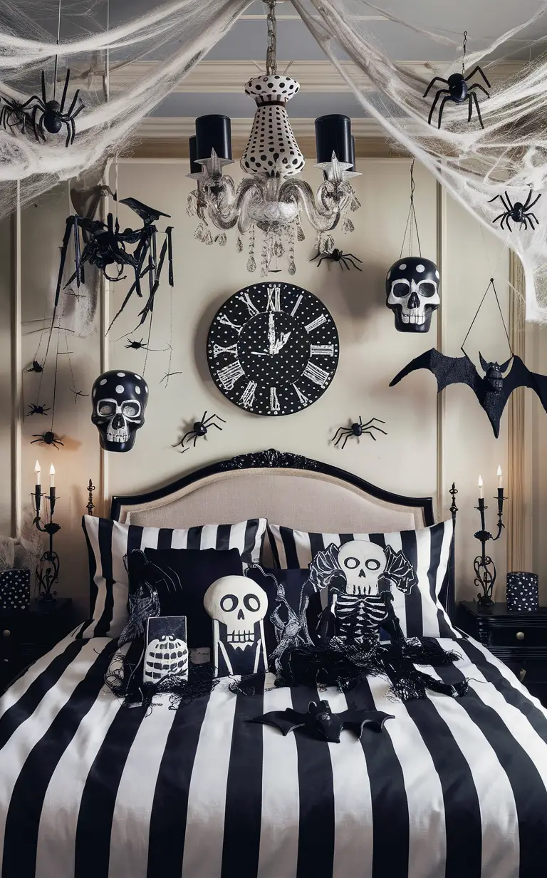 black and white bedroom decor, spooky Halloween décor, gothic room ideas, haunted house theme, eerie interior design