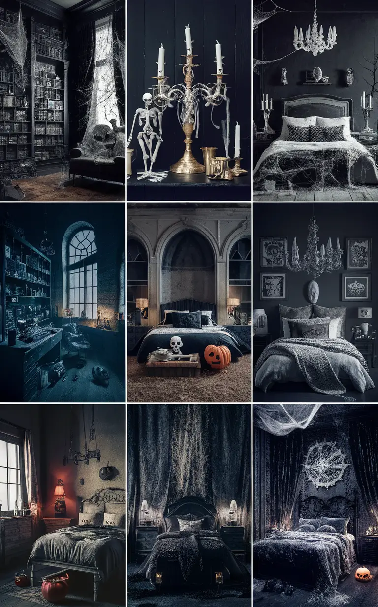 Halloween bedroom decor, Black and white Halloween bedroom, Spooky bedroom ideas, Halloween room accessories, Halloween-themed bedding