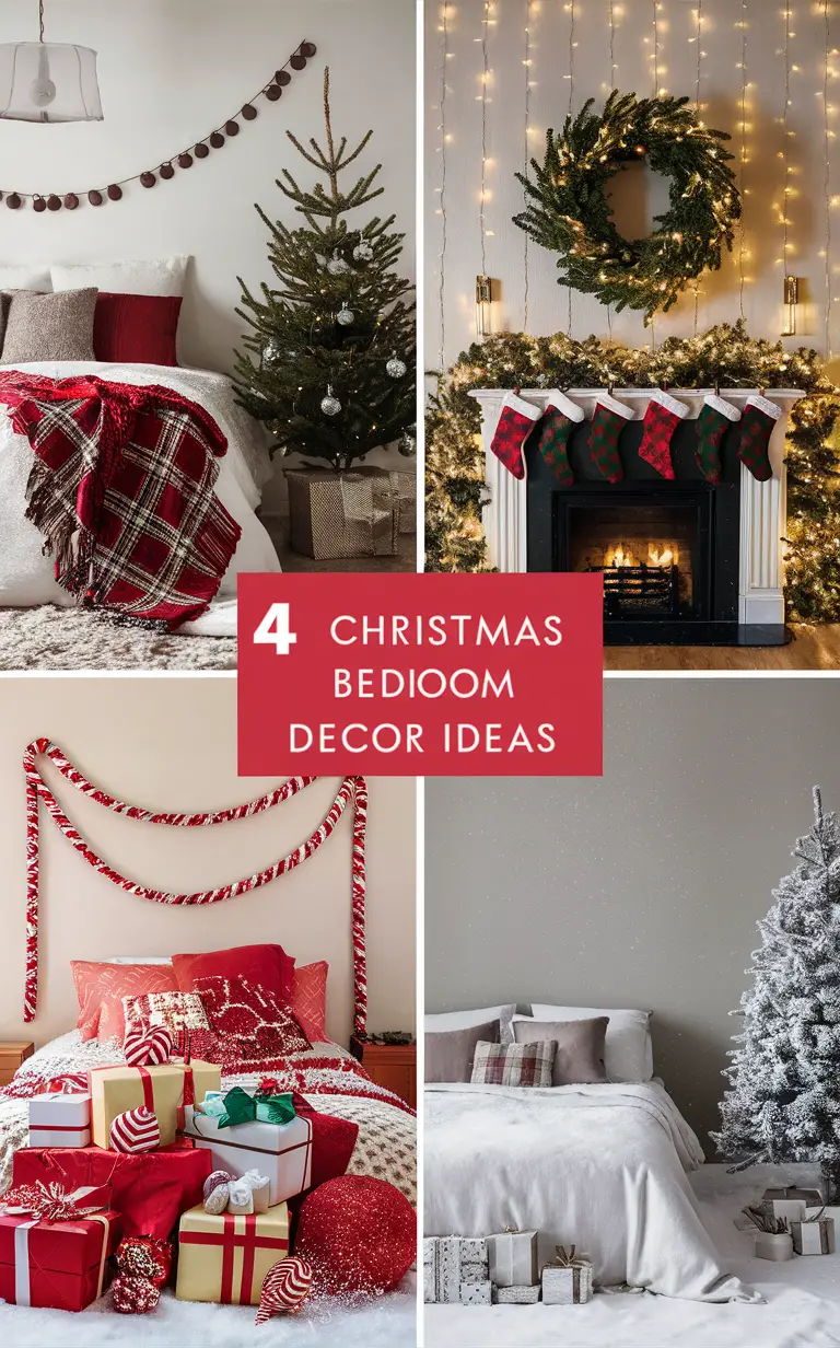 Christmas decoration ideas, holiday home decor, festive bedroom design, winter bedding inspiration, cozy seasonal room styling