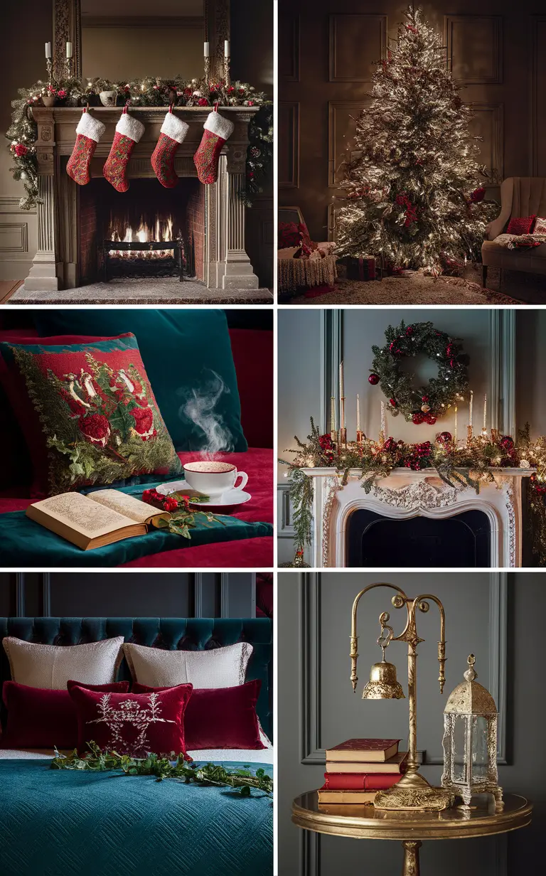 Luxurious Christmas decor, Christmas bedroom ideas, Festive retreat decor, Elegant holiday decorations, Holiday bedroom design