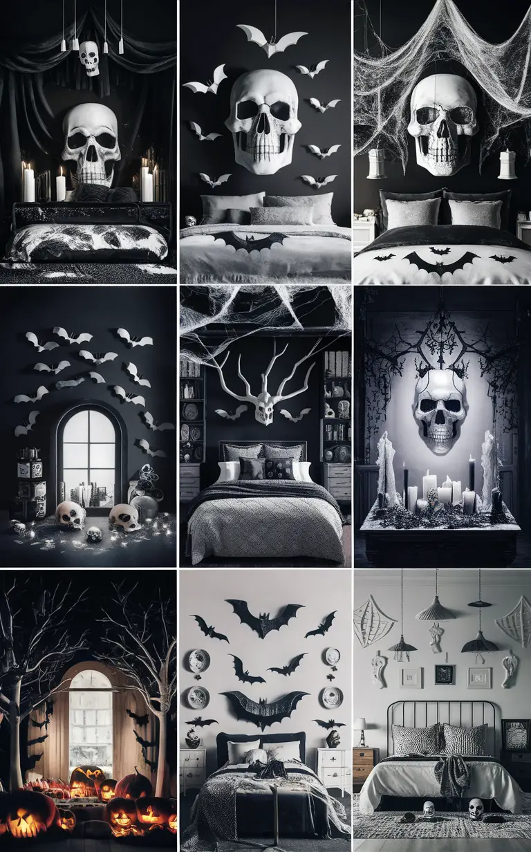 Halloween bedroom decor, Black and white Halloween decor, Gothic bedroom ideas, Spiderweb bedding, Spooky bedroom design