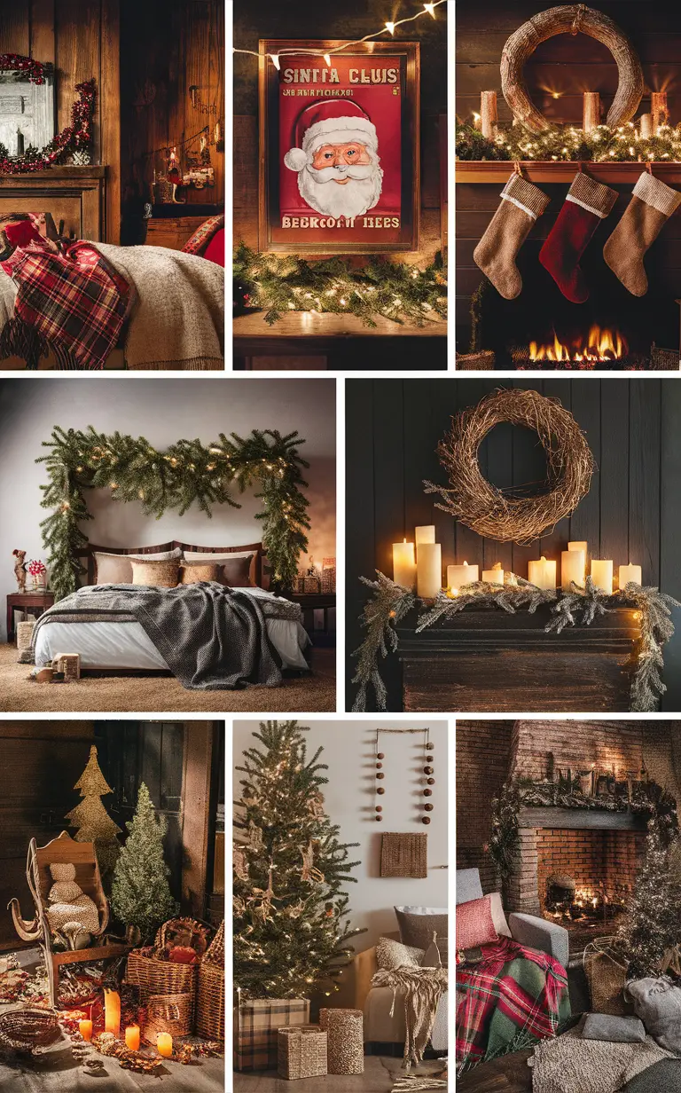 Christmas bedroom decor ideas, Rustic holiday bedroom, Cozy holiday bedroom decor, Festive bedroom decorations, Winter bedroom inspiration