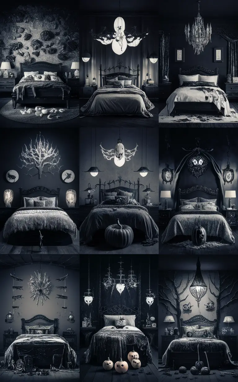 spooky bedroom decor, black and white Halloween decorations, Halloween bedroom ideas, ghostly bedroom theme, frightful bedroom furniture