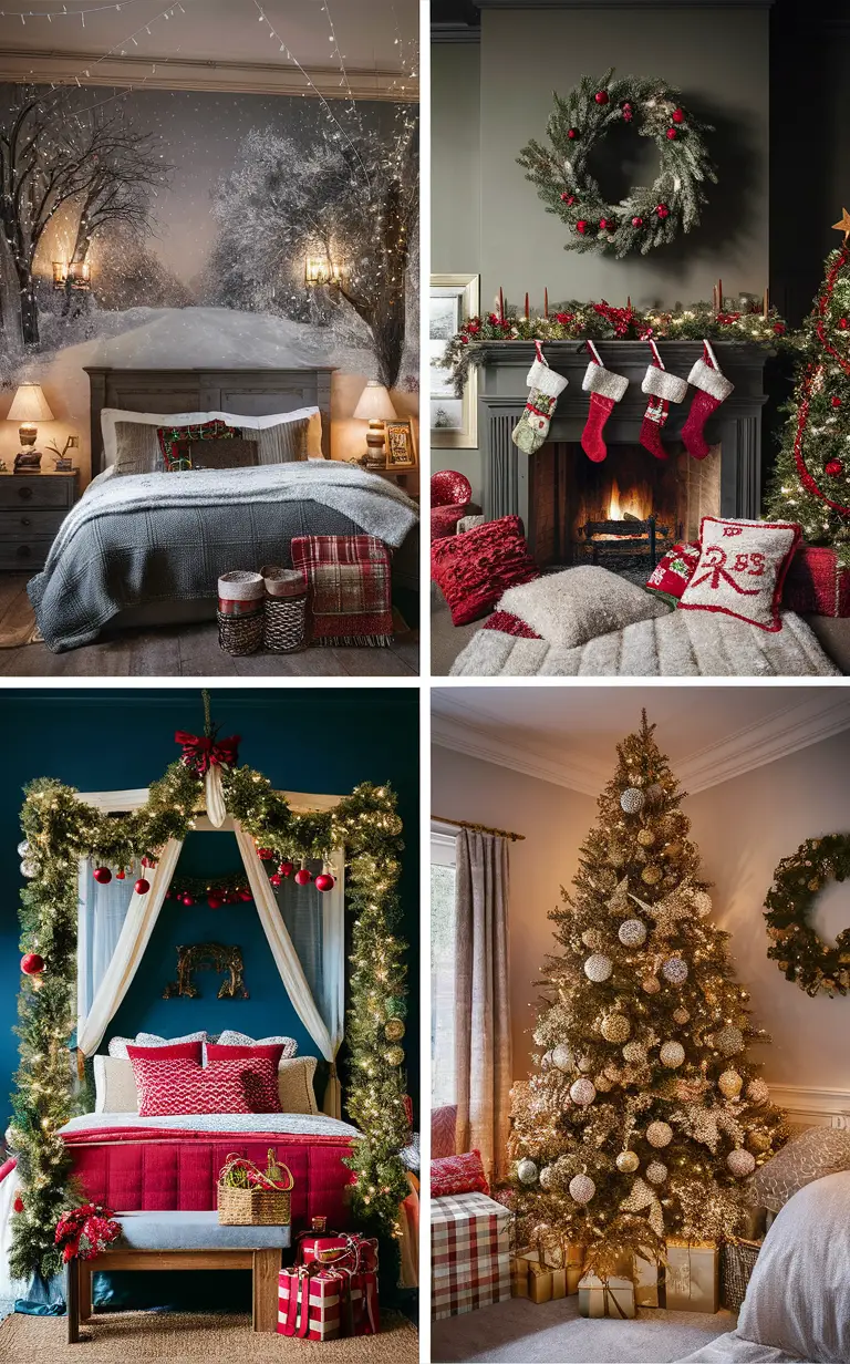 Christmas bedroom decor, holiday bedroom decorations, festive bedroom ideas, winter bedroom decor, cozy Christmas bedroom