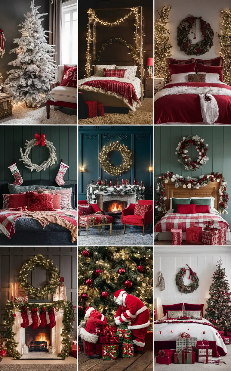 Christmas bedroom decor, festive holiday decor, classic Christmas decorations, holiday bedroom ideas, Christmas home decorating