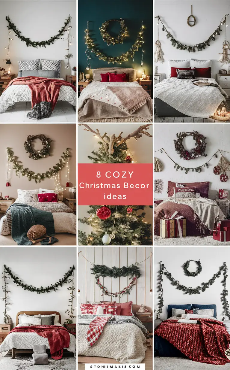 Christmas bedroom decor, Holiday bedding, Festive bedroom lights, Winter-themed throw pillows, Cozy sleep environment.