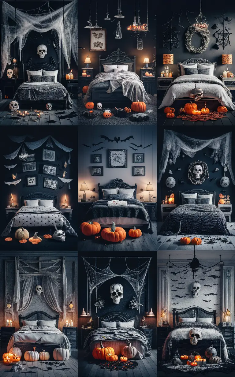 black and white decor, Halloween bedroom, spooky theme, eerie lighting, chic design