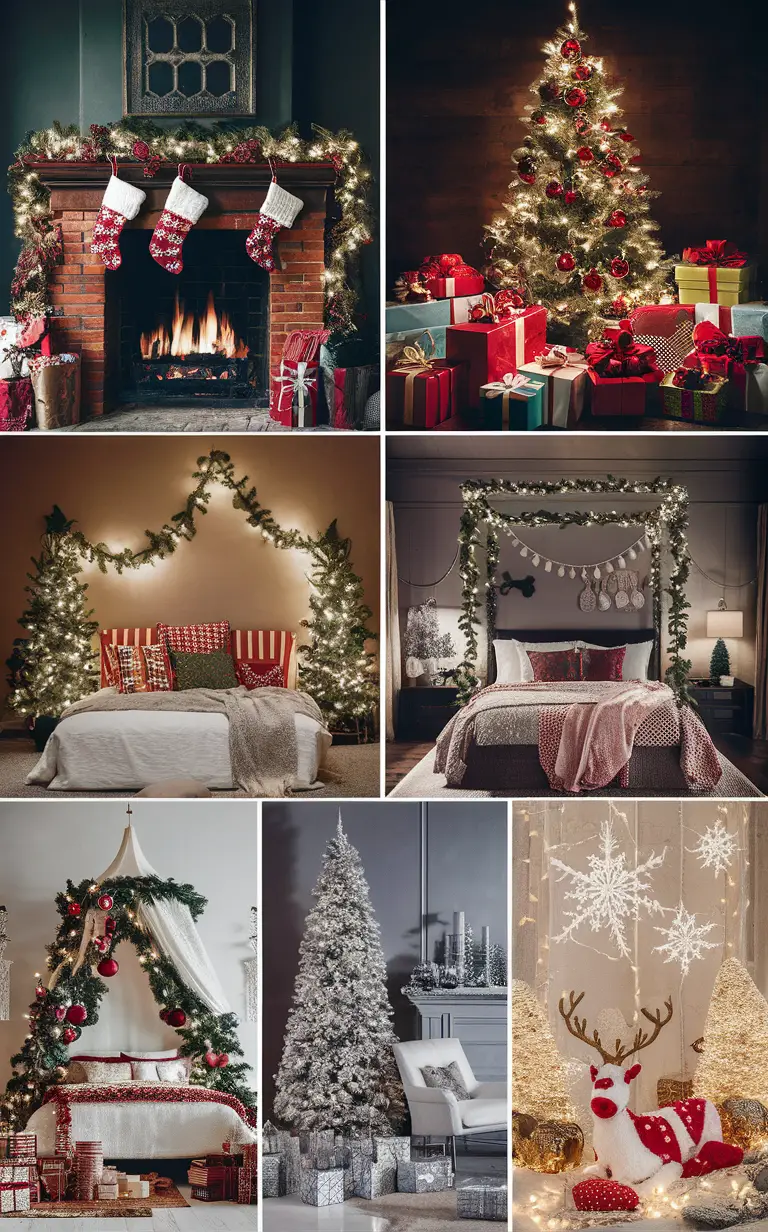 Christmas bedroom decor, holiday bedroom inspiration, festive bedroom decorations, seasonal bedroom design, winter bedroom themes