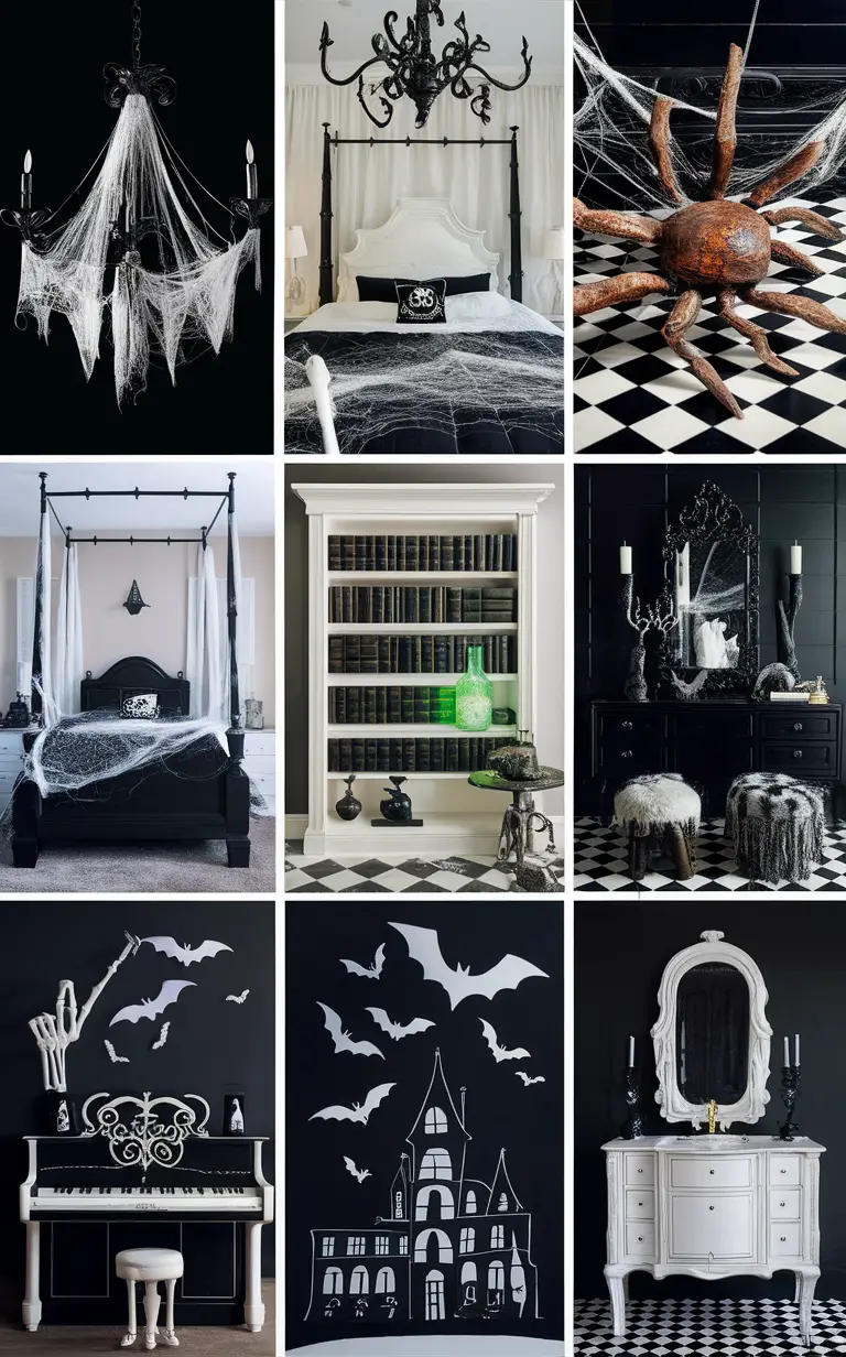 Halloween bedroom decor, Black and white Halloween decor, Gothic Halloween bedroom, Spooky bedroom ideas, Halloween bedroom theme