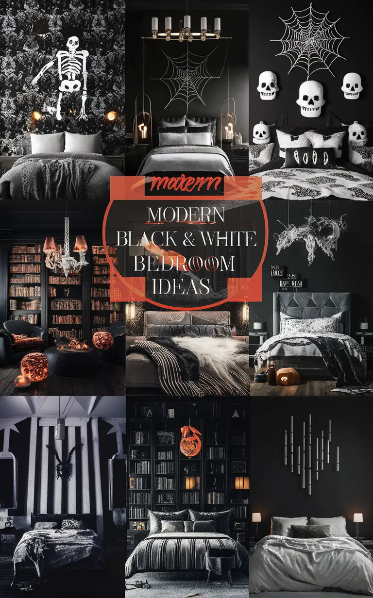 Halloween decor, bedroom ideas, black and white, trendy decor, Halloween theme