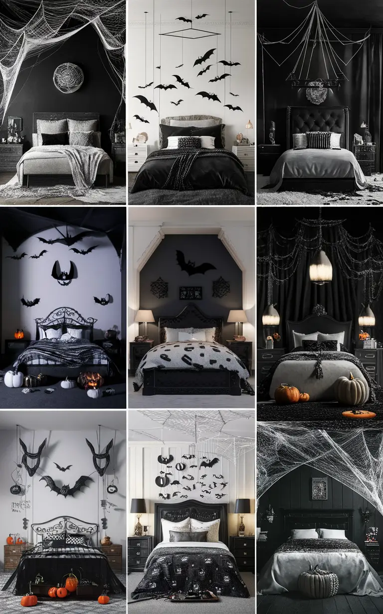 Halloween bedroom decor, Halloween bedroom ideas, Halloween room design, Black and white Halloween decor, Spooky bedroom decor