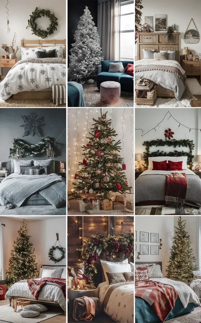 Christmas bedroom decor, Festive bedroom decor, Elegant holiday bedroom, Luxurious Christmas bedroom, Modern holiday bedroom