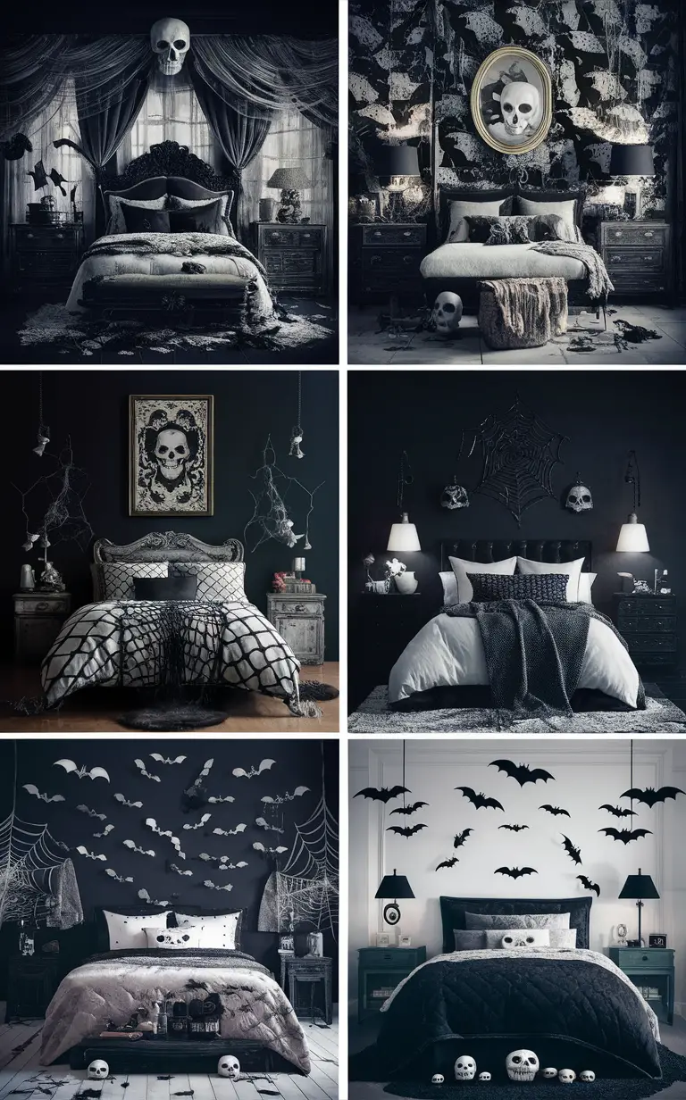 halloween bedroom decor, black and white halloween, spooky bedroom ideas, haunted house bedroom, eerie bedroom design