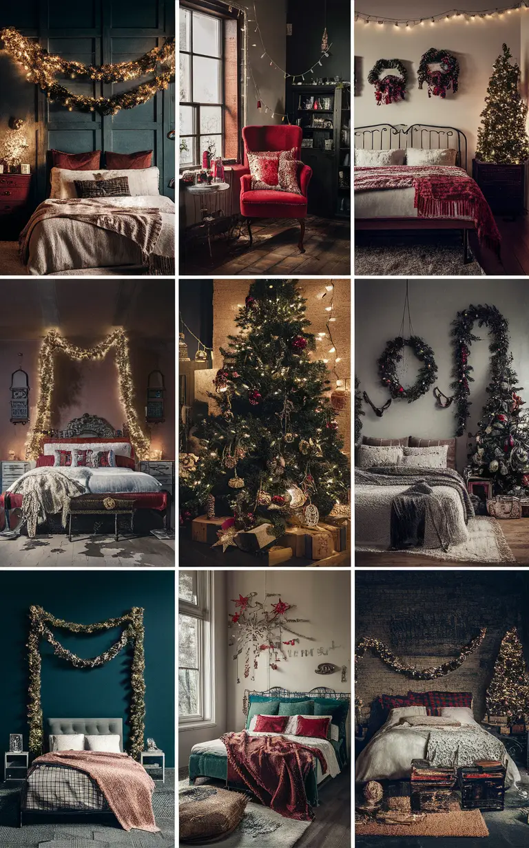 Christmas bedroom decor, vintage decorations, holiday home design, festive interior ideas, retro style accents