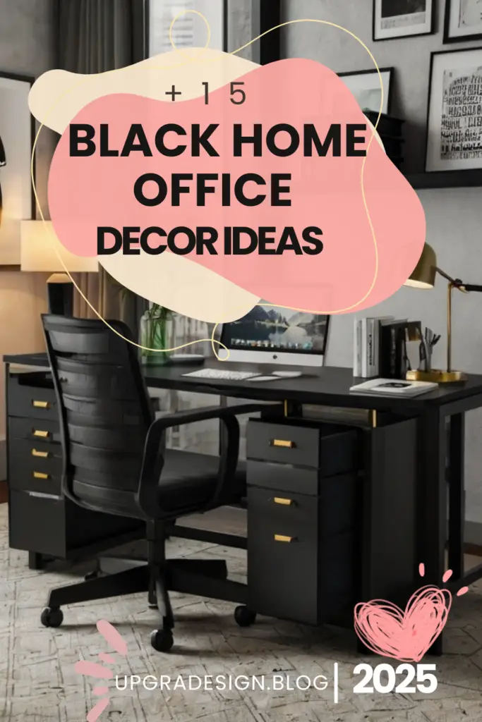 A stylish black home office with warm lighting, minimal furniture, and cozy accents, showcasing 2025 décor trends.