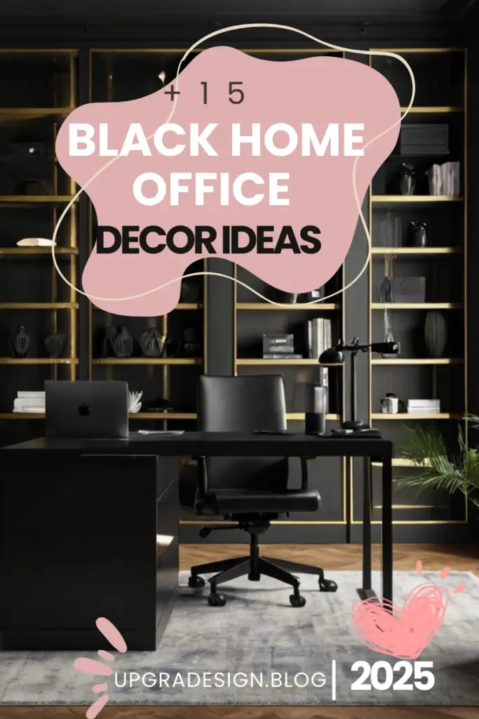 A stylish black home office with warm lighting, minimal furniture, and cozy accents, showcasing 2025 décor trends.