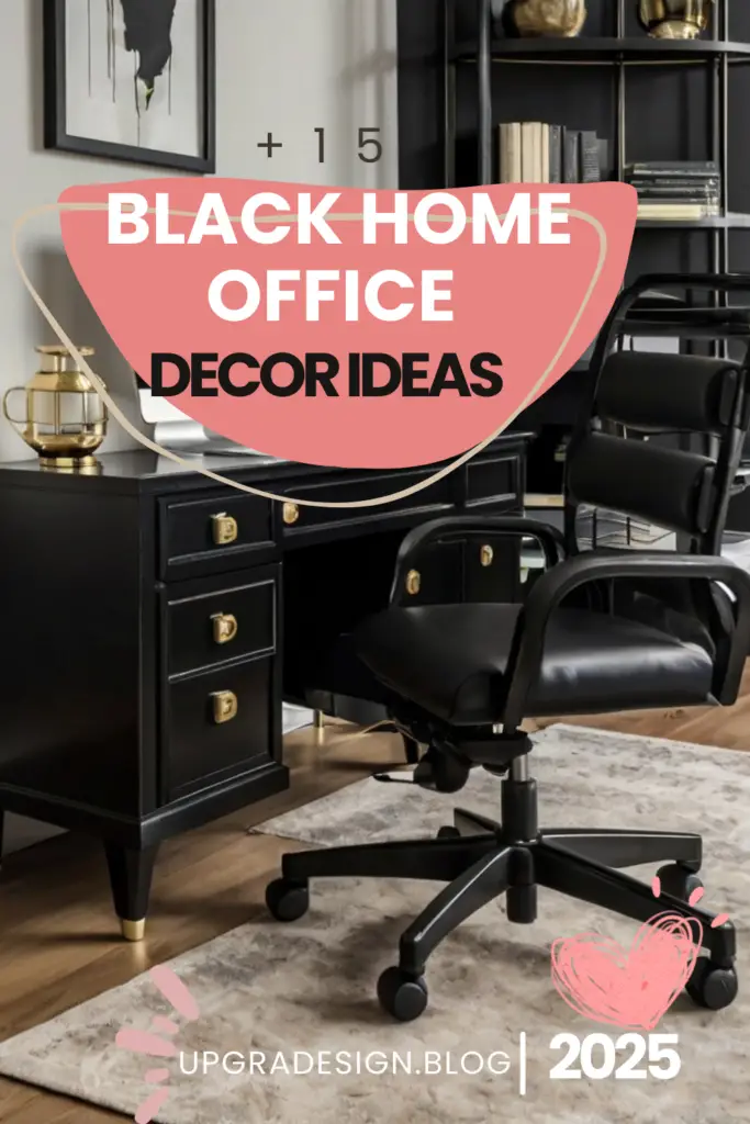 A stylish black home office with warm lighting, minimal furniture, and cozy accents, showcasing 2025 décor trends.