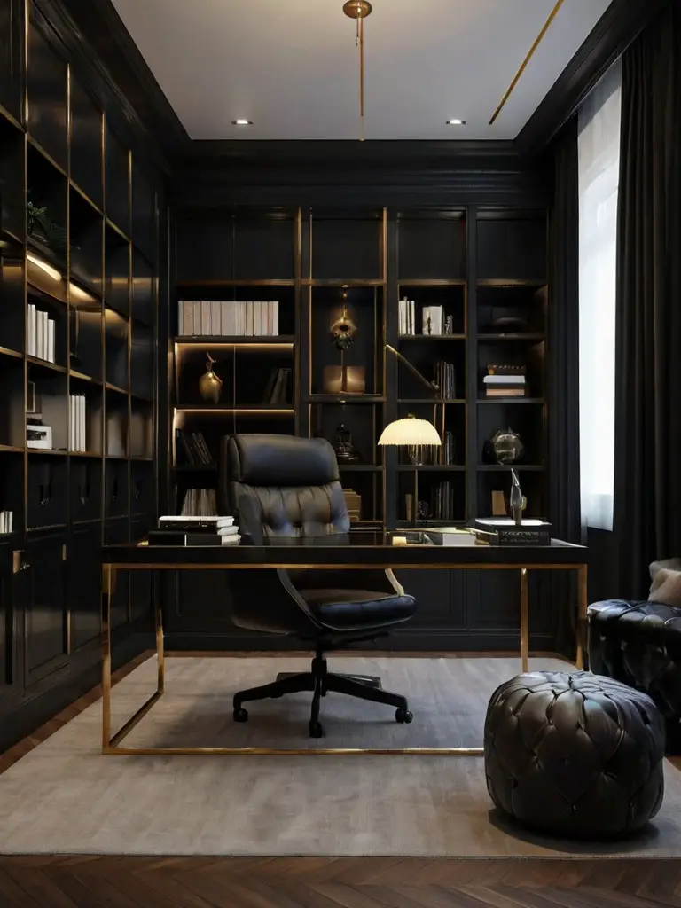 cozy black office with stylish decor, warm black-toned office ideas, elegant home office design 2025, cozy and modern black workspace