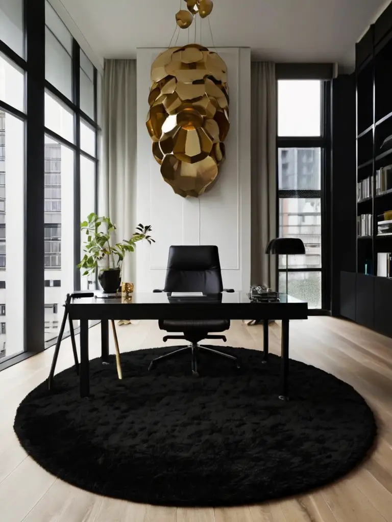 modern black home office design, cozy office decor inspiration, sleek workspace trends 2025, black furniture in home offices