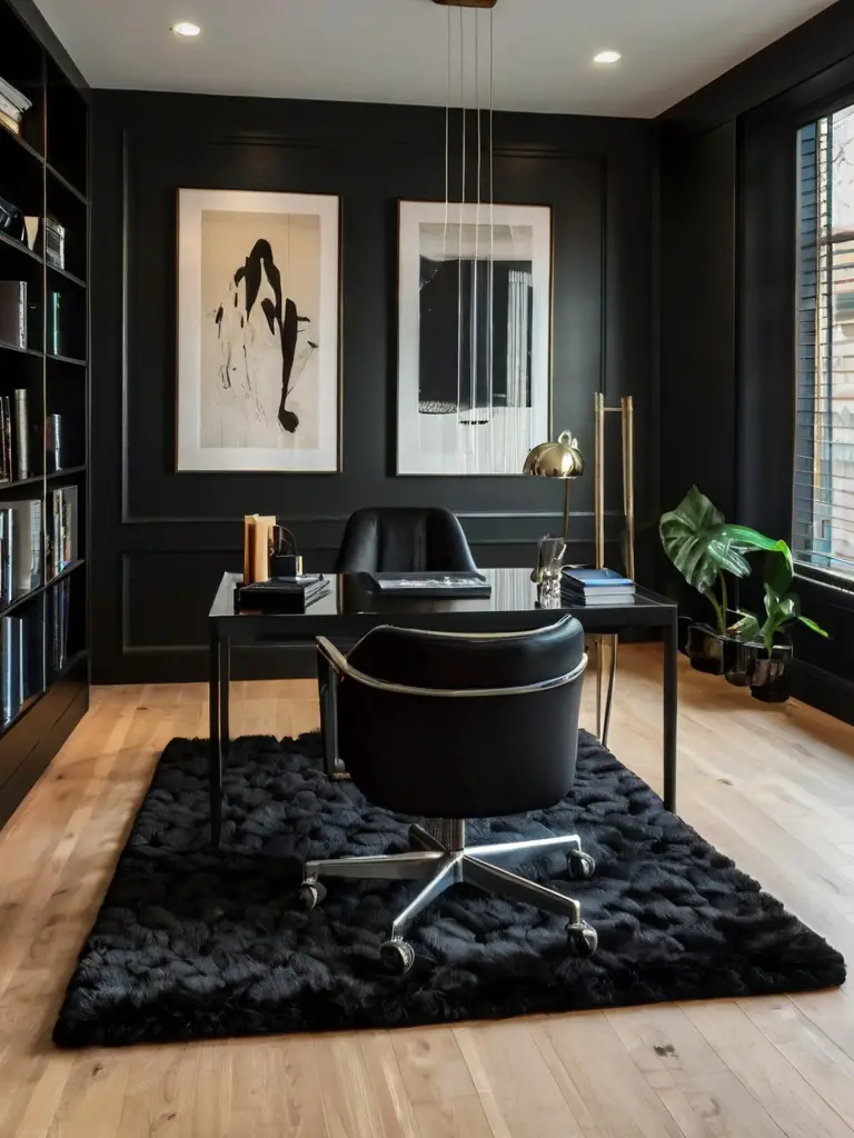 modern black home office design, cozy office decor inspiration, sleek workspace trends 2025, black furniture in home offices