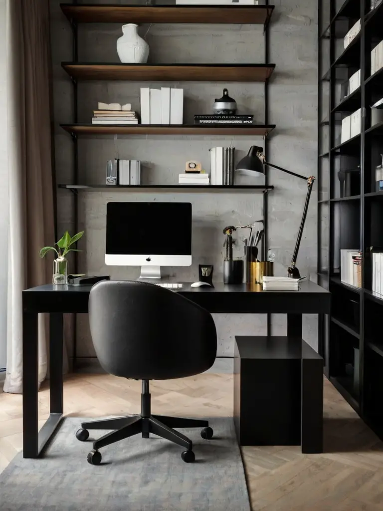 cozy black office with stylish decor, warm black-toned office ideas, elegant home office design 2025, cozy and modern black workspace