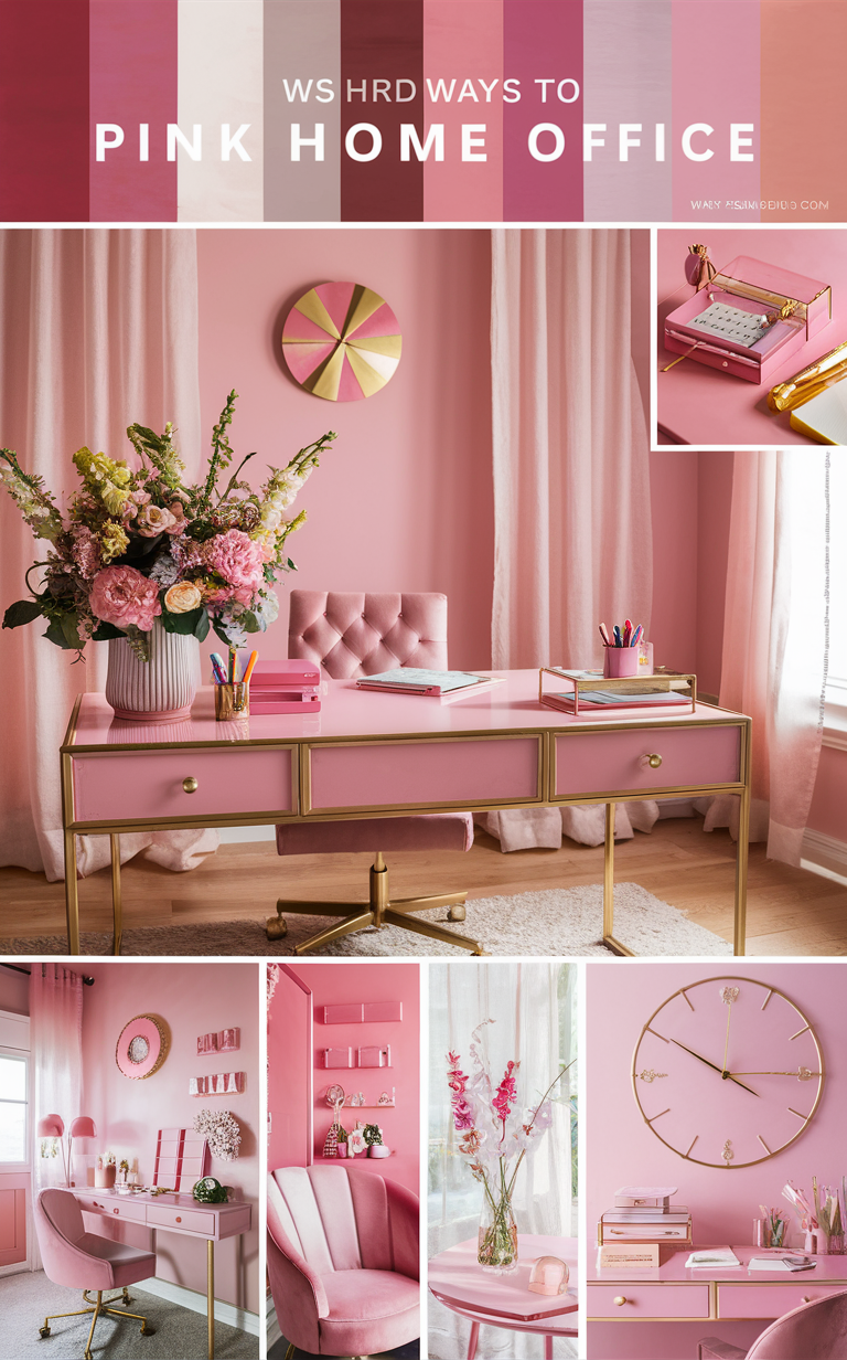 Pink home office decor, Feminine office design, Stylish home office furniture, Chic office accessories, Modern pink office design