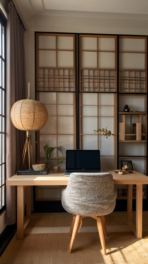 Japandi home office decor, Japandi design trends, Japandi style office, Japandi interior design, Japandi workspace ideas