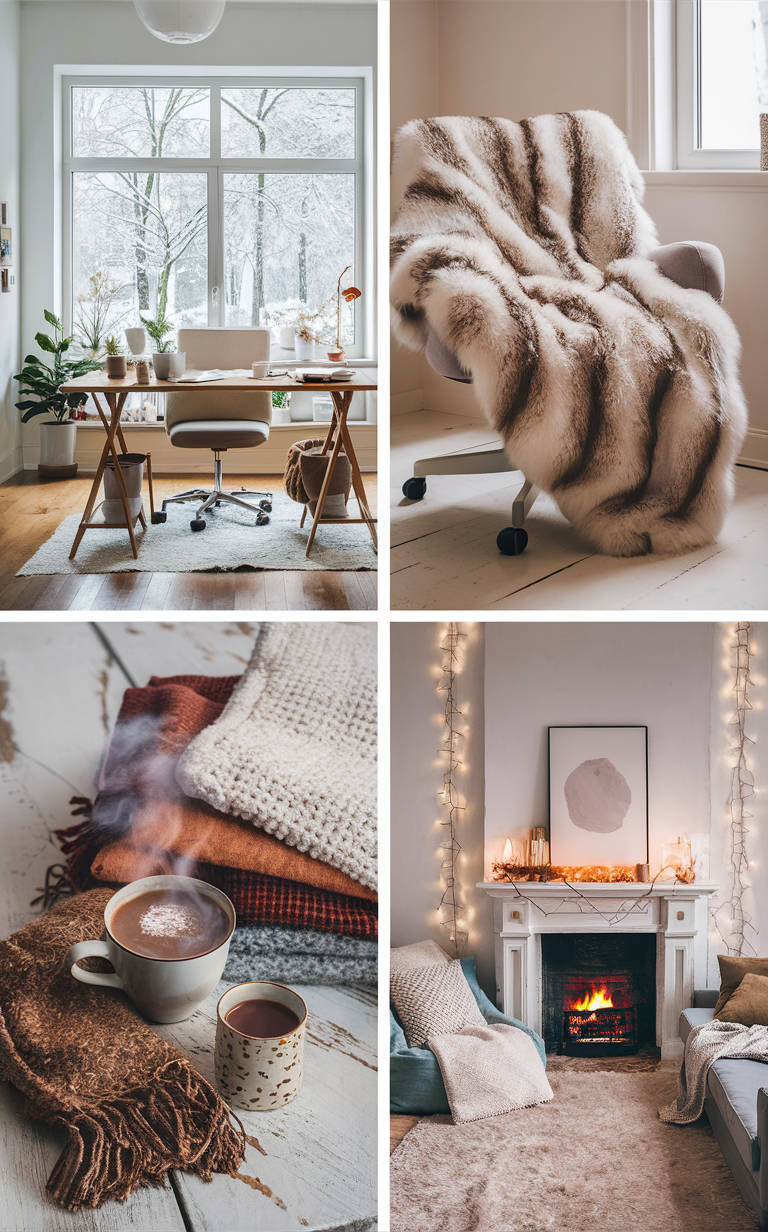 Winter office decor, Office winter accessories, Cozy office furniture, Warm office lighting, Stylish office rugs