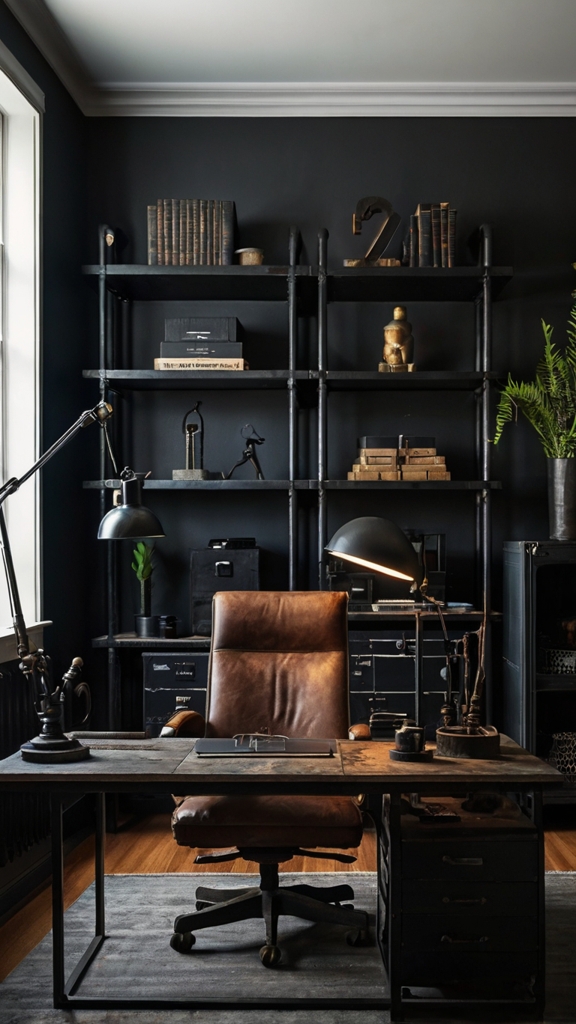 Home office decor, Black office design, Moody office space, Trendy workspace, Stylish home office