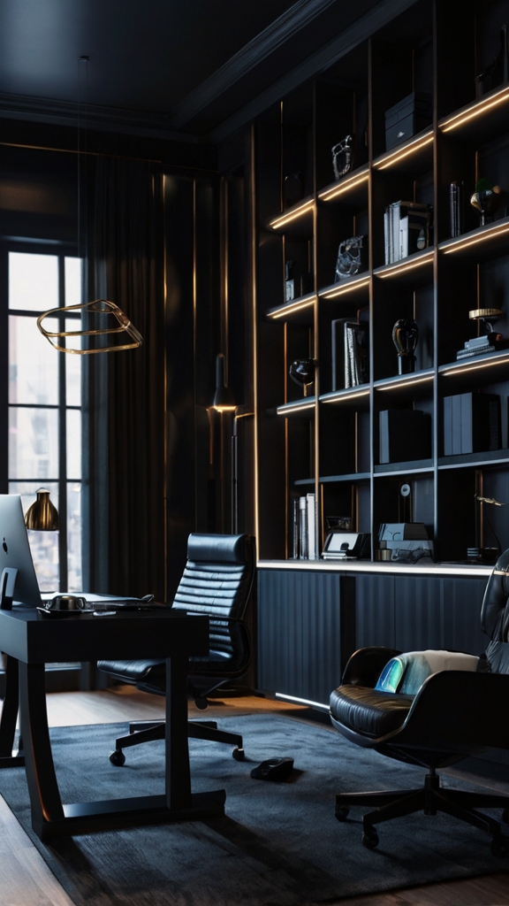 Home office decor, Black office design, Moody office space, Trendy workspace, Stylish home office