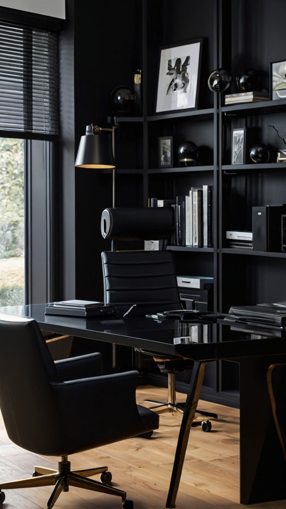 Home office decor, Black office design, Moody office space, Trendy workspace, Stylish home office