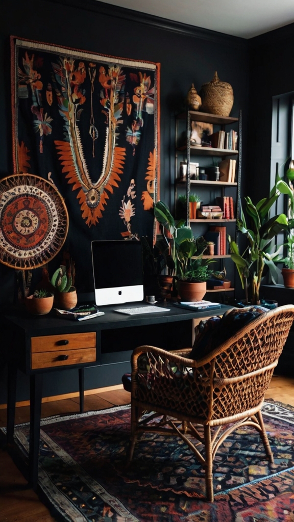 Home office decor, Black office design, Moody office space, Trendy workspace, Stylish home office