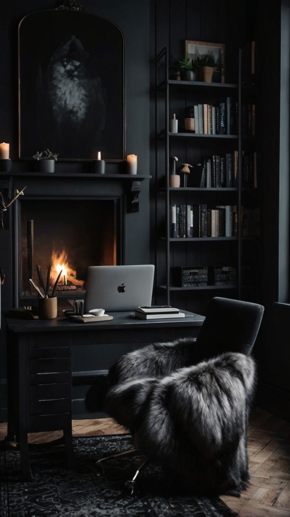 Home office decor, Black office design, Moody office space, Trendy workspace, Stylish home office