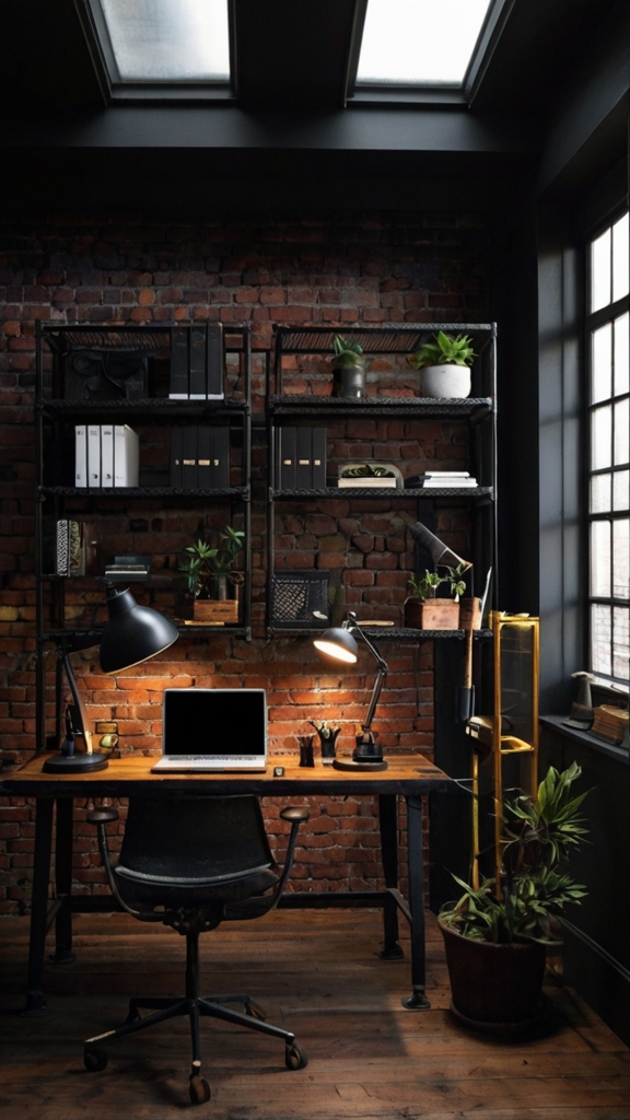 Home office decor, Black office design, Moody office space, Trendy workspace, Stylish home office