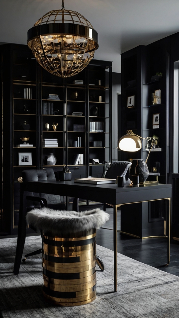 Home office decor, Black office design, Moody office space, Trendy workspace, Stylish home office