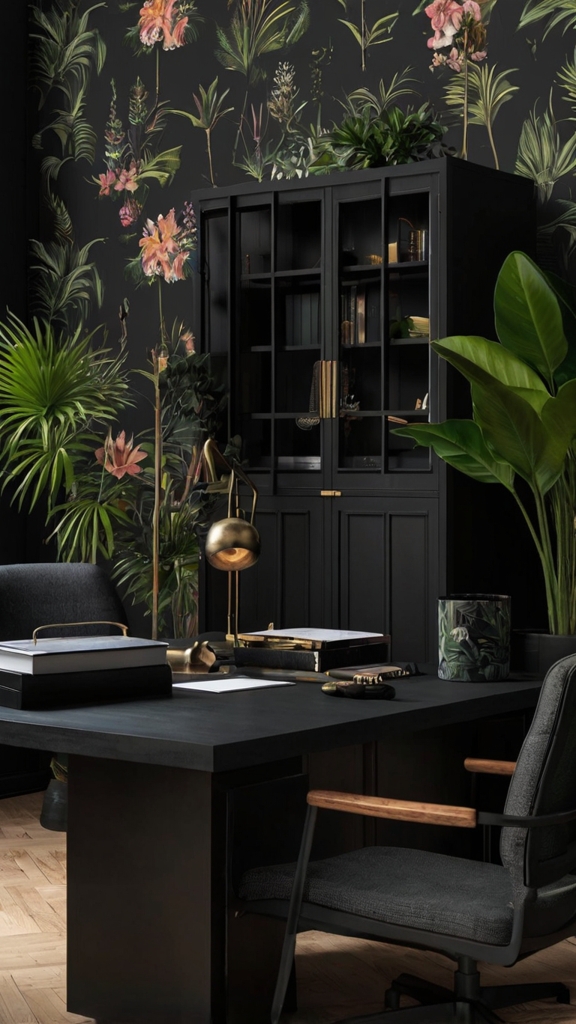 Home office decor, Black office design, Moody office space, Trendy workspace, Stylish home office