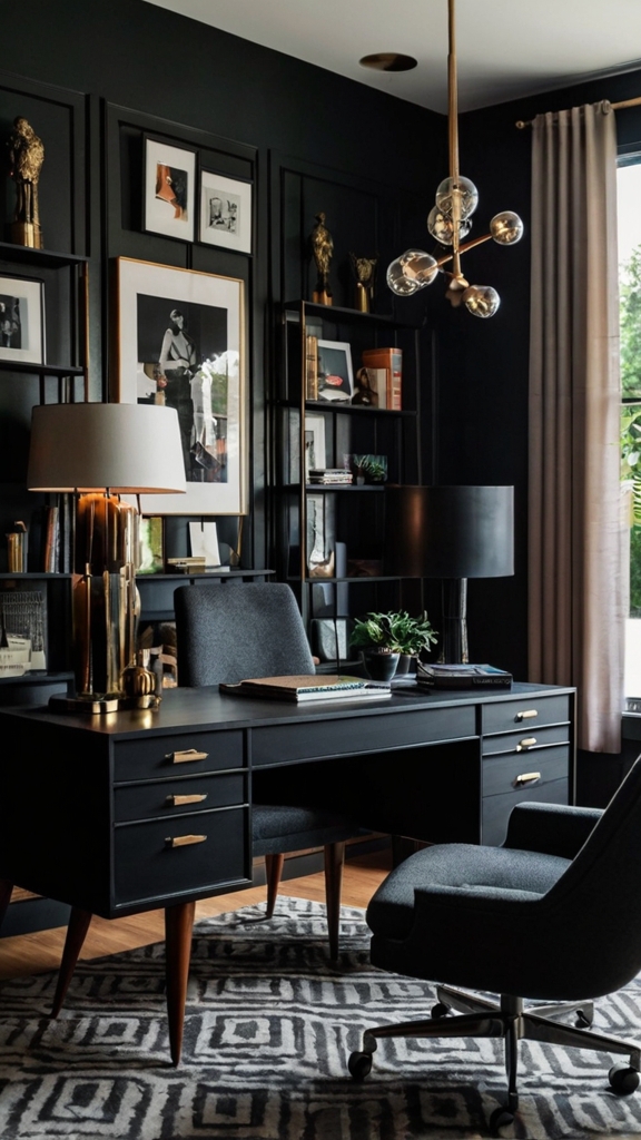 Home office decor, Black office design, Moody office space, Trendy workspace, Stylish home office