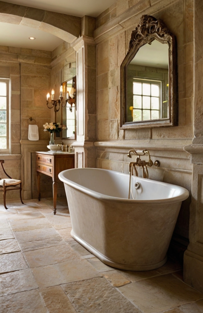 Natural Stone Accents in French Country Bathrooms Use natural