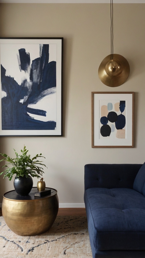 Navy Blue Couch with Neutral Tones,Japandi home office decor, Japandi design trends, Japandi style office, Japandi interior design, Japandi workspace ideas