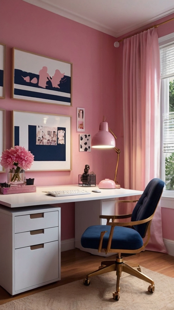 Pink setup Office Pink and navy blue paint minimalist