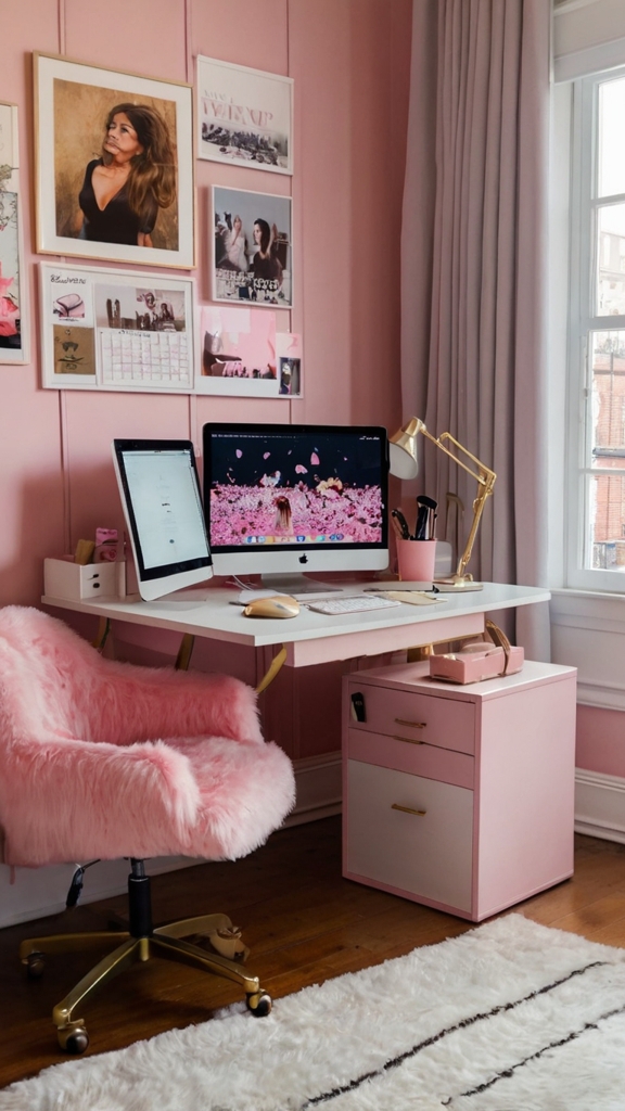 Pink home office decor, Feminine office design, Stylish home office furniture, Chic office accessories, Modern pink office design