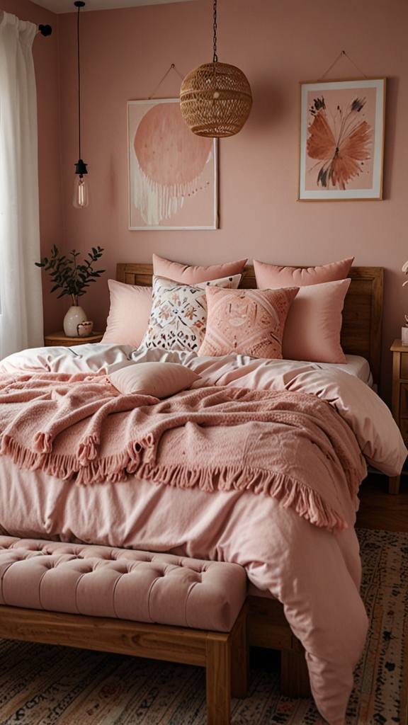 
new pink boho bed design, modern bed design, modern bedroom designs, modern wood bed frame,modern bedroom, 