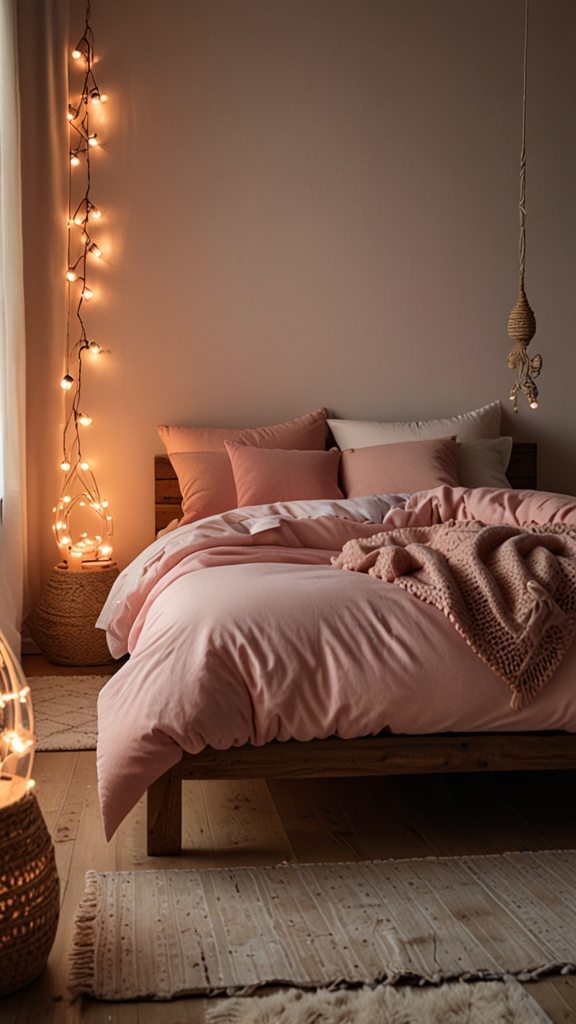 
new pink boho bed design, modern bed design, modern bedroom designs, modern wood bed frame,modern bedroom, moody decor