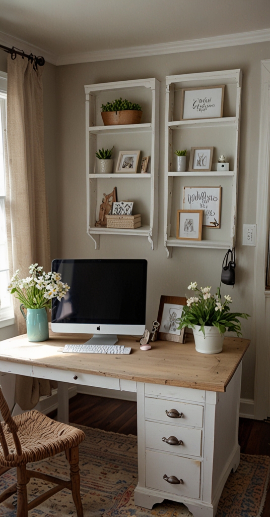 farmhouse decor, home office design, rustic furniture, stylish workspace, vintage aesthetic