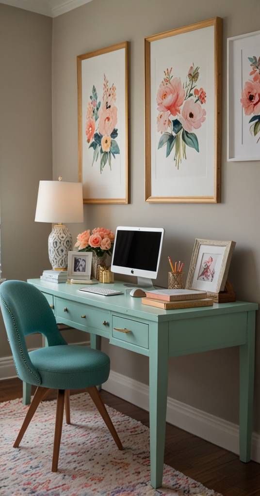 home office design, interior decorating services, home office inspiration, modern office decor, feminine office space