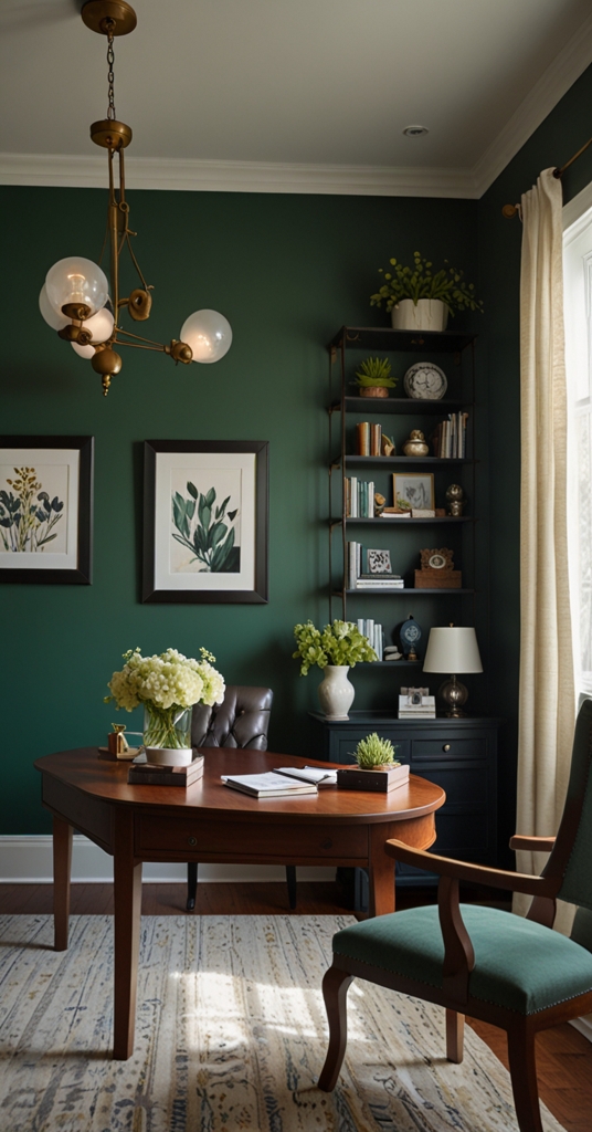 Green home office, Moody decor, Dramatic interiors, Inviting workspace, Home office design
