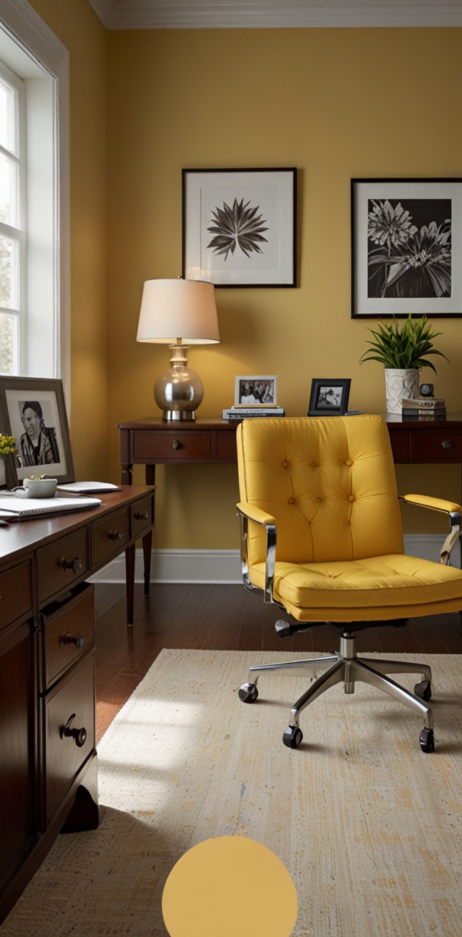 Warm Yellow paint, Home Office colors, Best Yellow Paint, Yellow Paint Ideas, Office Yellow decor