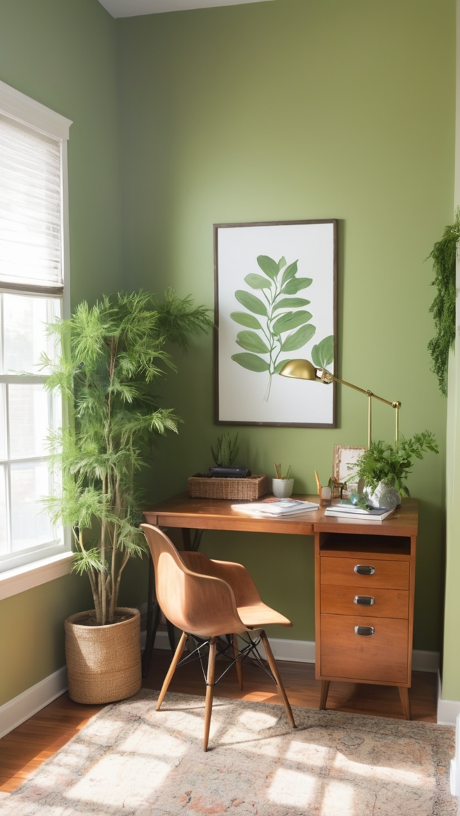 Green office decor, Botanical office design, Dill green walls, Workplace plant decor, Biophilic office design