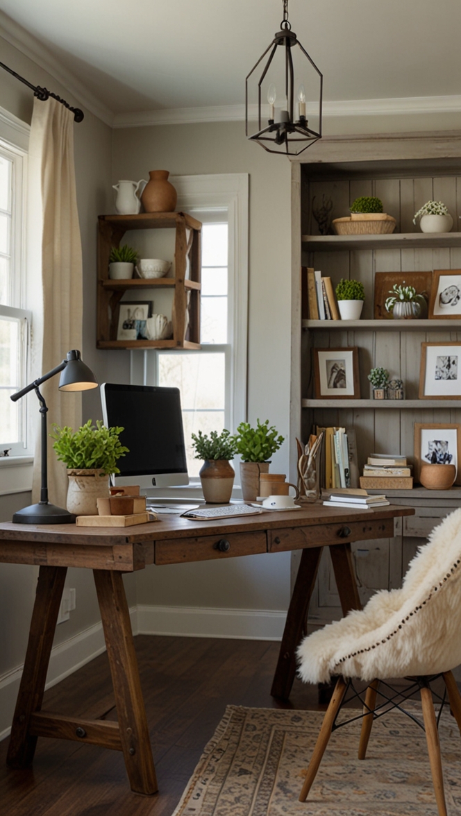 rustic office decor, farmhouse office design, vintage office furniture, rustic home office, farmhouse office accessories